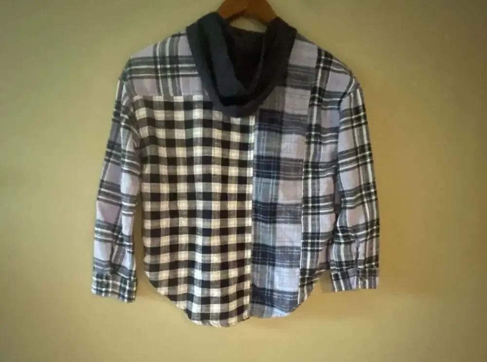 Justice Girls Purple Blue Plaid Mixed Print Hooded Flannel Button-Down Shirt Siz